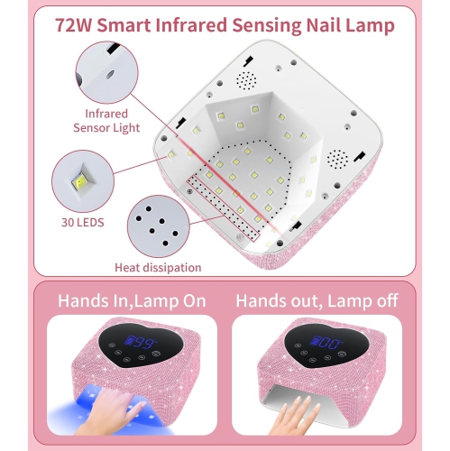 72W Cordless Rechargeable UV Nail Lamp Fast Nail Dryer Curing Lamp Nail Art Lamp, Light Therapy Machine - Pink