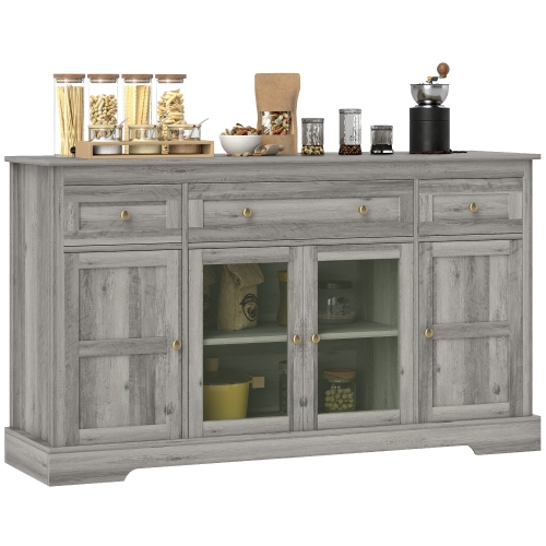 HOMCOM Sideboard Buffet Cabinet with Storage, Modern Coffee Bar Cabinet with 3 Drawers, Glass Doors and Adjustable Shelves, Weathered Grey Oak