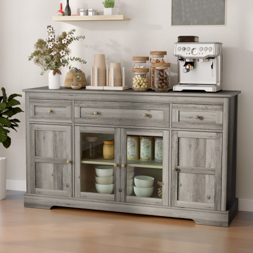 HOMCOM Sideboard Buffet Cabinet with Storage, Modern Coffee Bar Cabinet with 3 Drawers, Glass Doors and Adjustable Shelves, Weathered Grey Oak