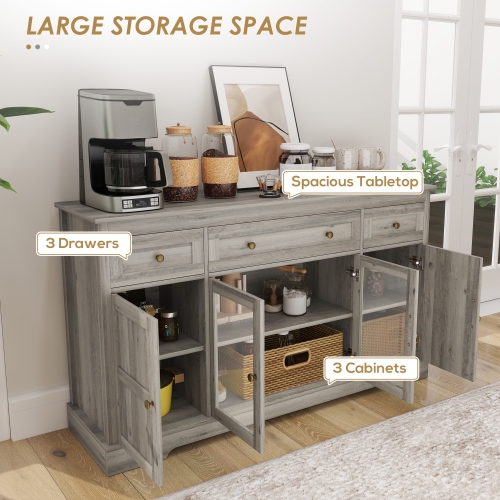 HOMCOM Sideboard Buffet Cabinet with Storage, Modern Coffee Bar Cabinet with 3 Drawers, Glass Doors and Adjustable Shelves, Weathered Grey Oak