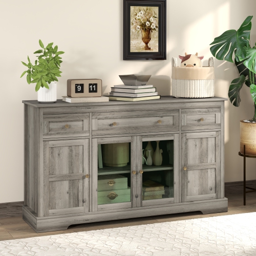 HOMCOM Sideboard Buffet Cabinet with Storage, Modern Coffee Bar Cabinet with 3 Drawers, Glass Doors and Adjustable Shelves, Weathered Grey Oak