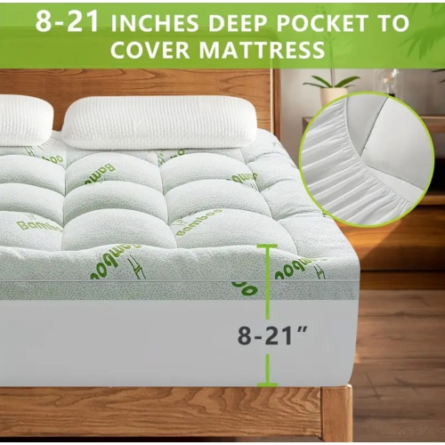 Luxurious Queen Size Bamboo Mattress Topper, Cooling Extra Thick Breathable Mattress Pad With 8-21" Deep Pocket, Soft Quilted Fitted Mattress Cover