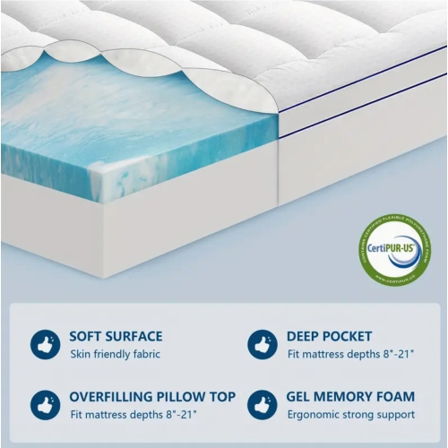 Dual Layer 3 Inch Mattress Topper, 2 Inch Gel And 1 Inch Cooling Pillow Top Mattress Pad Cover, Medium Support