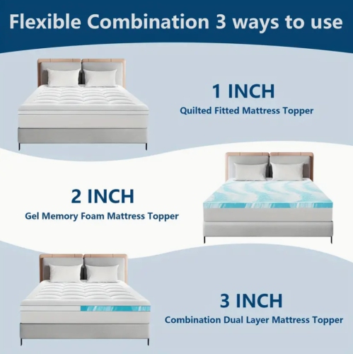 Dual Layer 3 Inch Mattress Topper, 2 Inch Gel And 1 Inch Cooling Pillow Top Mattress Pad Cover, Medium Support