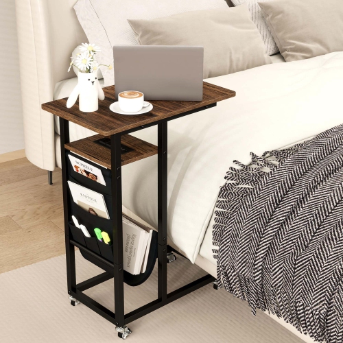 Costway 1/2 PCS C-shaped End Table with Charging Station Rolling Bedside Table Couch Side Table