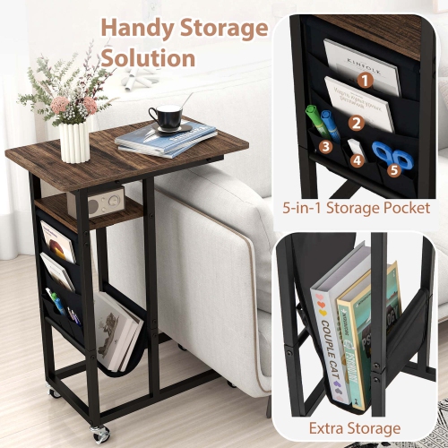 Costway 1/2 PCS C-shaped End Table with Charging Station Rolling Bedside Table Couch Side Table