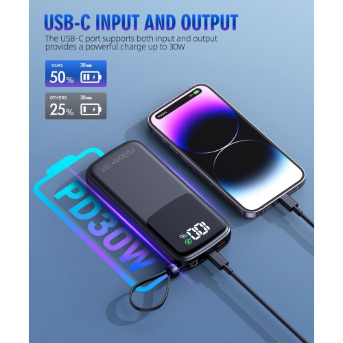 Portable Charger Power Bank, 15000mAh Portable Charger Fast Charging Lightweight, Built-in AC Wall Plug and 2 Output