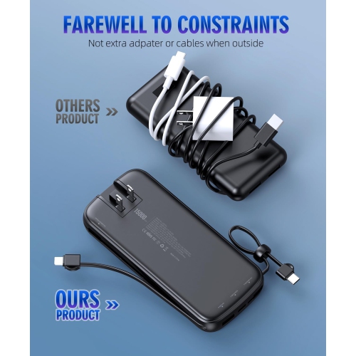 Portable Charger Power Bank, 15000mAh Portable Charger Fast Charging Lightweight, Built-in AC Wall Plug and 2 Output