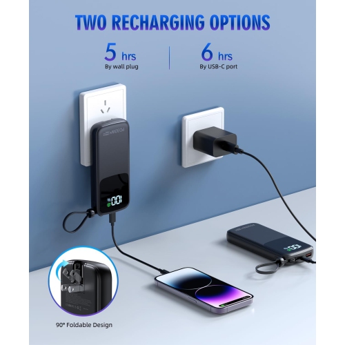 Portable Charger Power Bank, 15000mAh Portable Charger Fast Charging Lightweight, Built-in AC Wall Plug and 2 Output