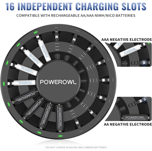 16 Bay AA AAA Battery Charger with Smart LED Light and Plug, for NIMH NICD