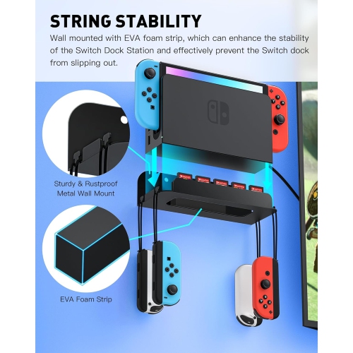 Support mural pour Nintendo Switch et Switch OLED, trousse de montage mural en métal Accessoires pour support d'étagère avec 5 carte de jeu