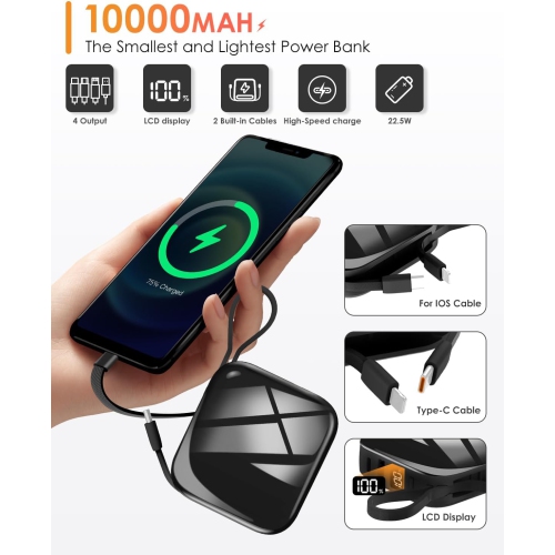 Mini Portable Charger Power Bank,22.5W 10000mAh Fast Charging Portable Phone Charger with Built in iOS and USB-C Output
