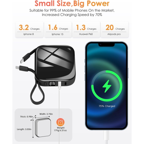 Mini Portable Charger Power Bank,22.5W 10000mAh Fast Charging Portable Phone Charger with Built in iOS and USB-C Output