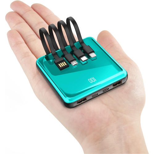 Chargeur portatif avec câbles intégrés, chargeur portable mince 10000&nbsp;mAh LED, petit bloc-piles externe avec 4 entrées