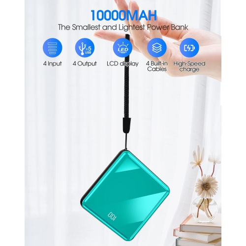 Chargeur portatif avec câbles intégrés, chargeur portable mince 10000 mAh LED, petit bloc-piles externe avec 4 entrées