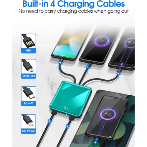 Chargeur portatif avec câbles intégrés, chargeur portable mince 10000 mAh LED, petit bloc-piles externe avec 4 entrées