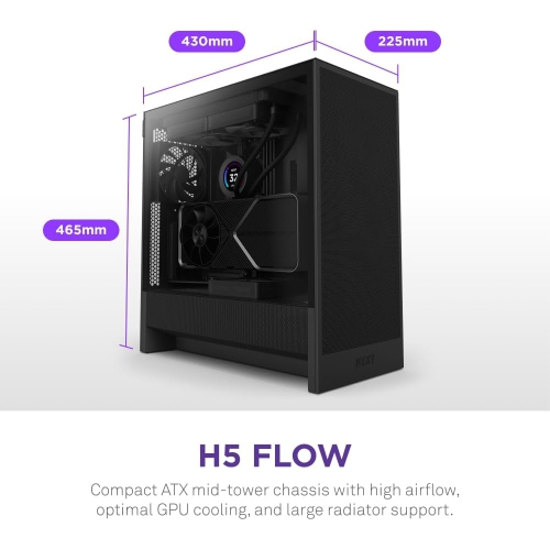 NZXT H5 Flow 2024 - Compact ATX Mid-Tower PC Gaming Case with High Airflow, 2 x 120mm Fans, Radiator Support, and Tempered Glass - Black