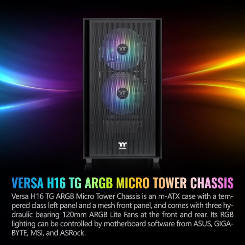 Thermaltake Versa H16 TG ARGB Black Micro ATX Tower Case with Tempered Glass Side Panel, 3 Pre-Installed ARGB Fans