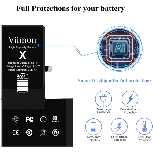 High Capacity Battery Replacement Kits Compatible with iPhone X 5.8 Inch with Adhesive,