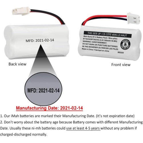 Batterie de téléphone sans fil Ni-MH BT162342/BT262342 de 2,4&nbsp;V 300&nbsp;mAh, aussi compatible avec BT183342/BT283342 AT&T