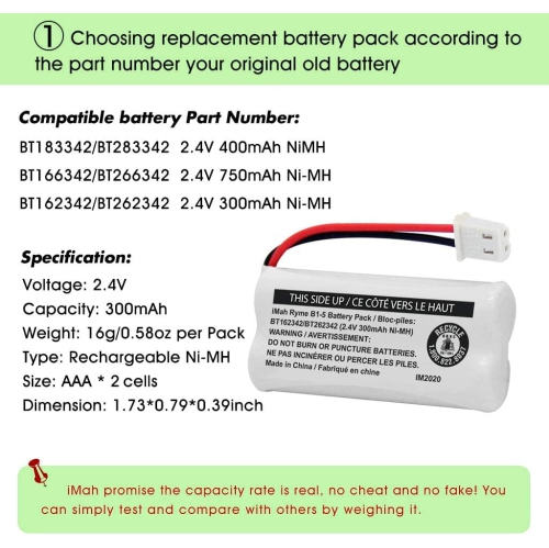 Batterie de téléphone sans fil Ni-MH BT162342/BT262342 de 2,4&nbsp;V 300&nbsp;mAh, aussi compatible avec BT183342/BT283342 AT&T
