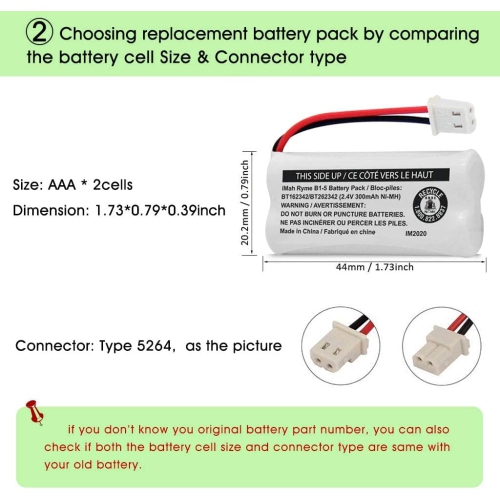 Batterie de téléphone sans fil Ni-MH BT162342/BT262342 de 2,4&nbsp;V 300&nbsp;mAh, aussi compatible avec BT183342/BT283342 AT&T