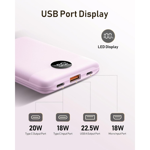 Mini Power Bank 10000mAh, Small Portable Charger, PD 22.5W Fast Charging Travel Battery Pack, Slim USB C