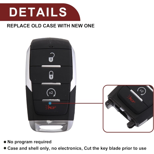 Key Fob Shell Case for Ram 1500 2019-2021 4 Buttons Plastic Replacement | Keyless Entry Remote Control Key