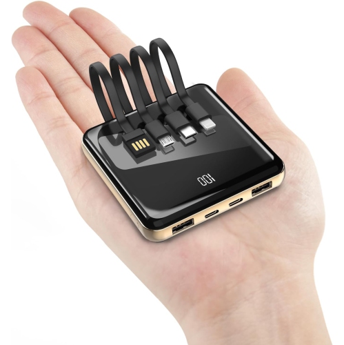 FALUOSHI  Portable Charger With Built In Cables, 10000Mah Slim Power Bank Led Display, Small External Battery Pack With 4 Inputs