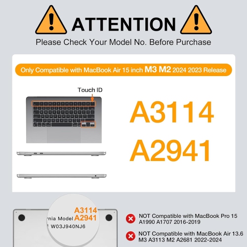 Compatible with MacBook Air 15 inch Case 2023 2024 Release M3 A3114 M2 A2941 Liquid Retina Display Touch ID,