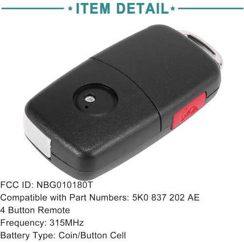 315Mhz 5K0 837 202 AE Replacement Keyless Entry Remote Car Key Fob Replacement Fit for Volkswagen Pack of 1