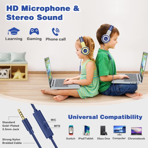 Wired Headsets for Teens, Headsets for Kids with 94dB,85dB,75dB Volume Limited, Kids Headphones