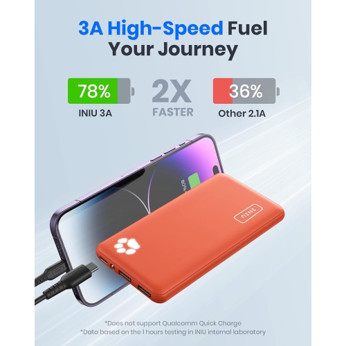 Power Bank, USB C Slimmest Triple 3A High-Speed 10000mAh Phone Portable Charger, Flashlight External Battery Pack