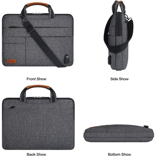 17.3 Inch Multi-Functional Laptop Sleeve Business Briefcase Messenger Bag with USB Charging Port for 17" - 17.3"