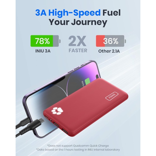 Power Bank, USB C Slimmest Triple 3A High-Speed 10000mAh Phone Portable Charger, Flashlight External Battery Pack