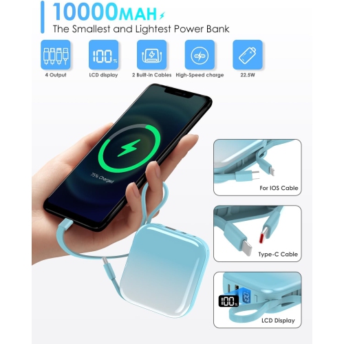 Mini Portable Charger Power Bank,22.5W 10000mAh Fast Charging Portable Phone Charger with Built in iOS and USB-C Output