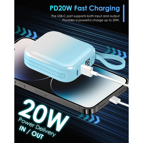 Mini Portable Charger Power Bank,22.5W 10000mAh Fast Charging Portable Phone Charger with Built in iOS and USB-C Output