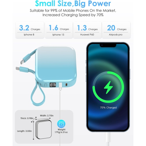 Mini Portable Charger Power Bank,22.5W 10000mAh Fast Charging Portable Phone Charger with Built in iOS and USB-C Output