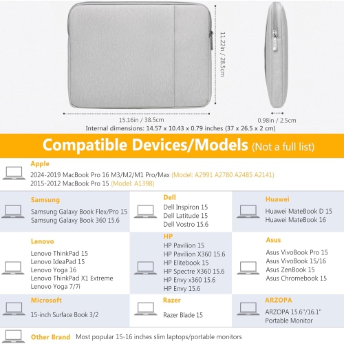 15-16 Inch Laptop Sleeve Compatible with MacBook Pro 16 M3/M2/M1 Pro/Max A2991 A2780 A2485 A2141 2024-2019, XPS
