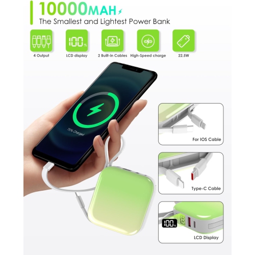 Mini Portable Charger Power Bank,22.5W 10000mAh Fast Charging Portable Phone Charger with Built in iOS and USB-C Output