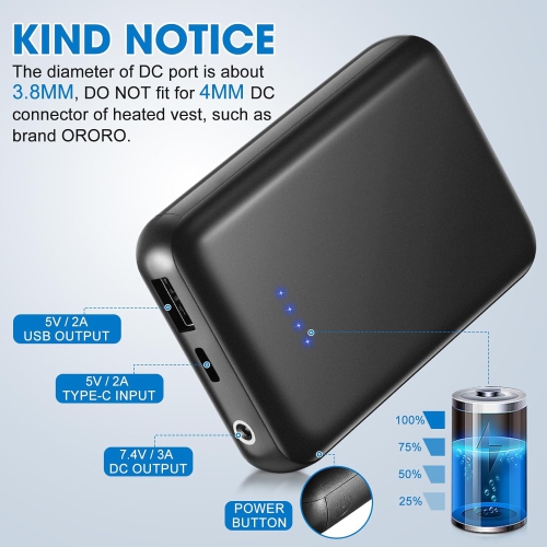 Batterie chauffante pour veste 7,4&nbsp;V, bloc-piles 10000&nbsp;mAh 2&nbsp;A 5&nbsp;V pour veste chauffante avec sortie c.c. et USB