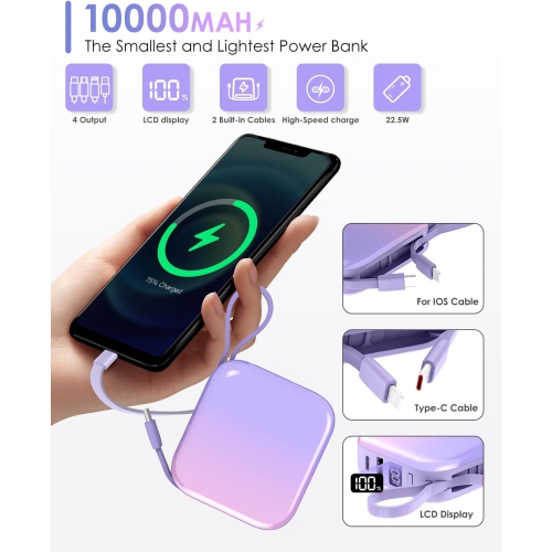 Mini Portable Charger Power Bank,22.5W 10000mAh Fast Charging Portable Phone Charger with Built in iOS and USB-C Output