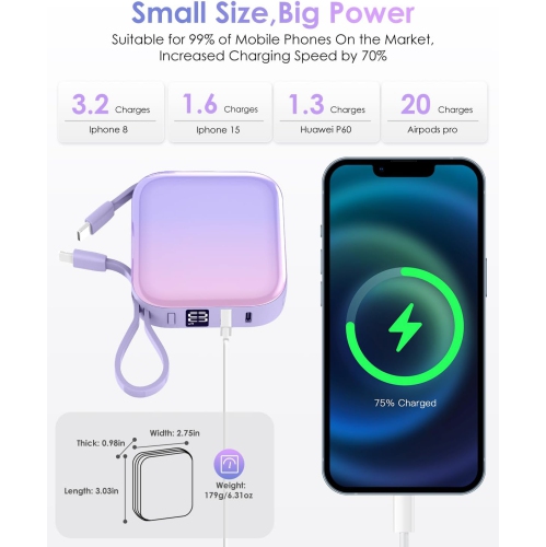 Mini Portable Charger Power Bank,22.5W 10000mAh Fast Charging Portable Phone Charger with Built in iOS and USB-C Output