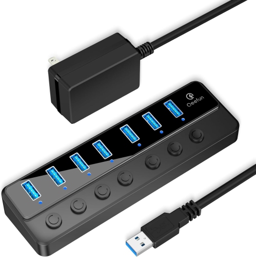 Qeefun Powered USB 3.0 Hub, 7-Ports USB Date Hub, 12V/2A 24W Power Adapter USB Extension Splitter and Individual LED