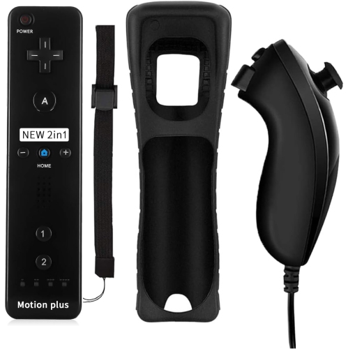 Wii Remote Controller and Nunchuck Controller with Silicone Case and Wrist Strap-Fine Black