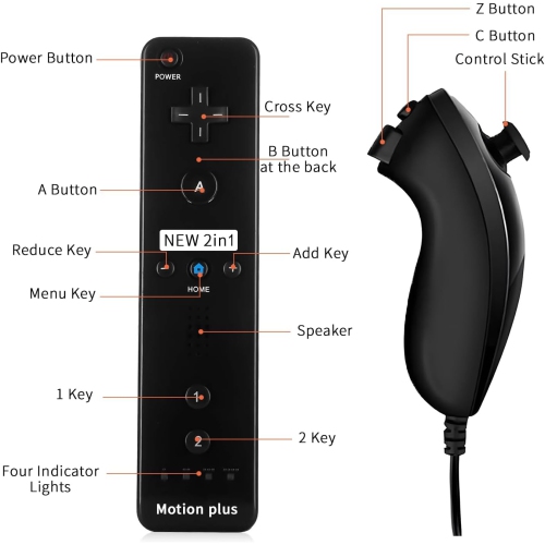 Wii Remote Controller and Nunchuck Controller with Silicone Case and Wrist Strap-Fine Black