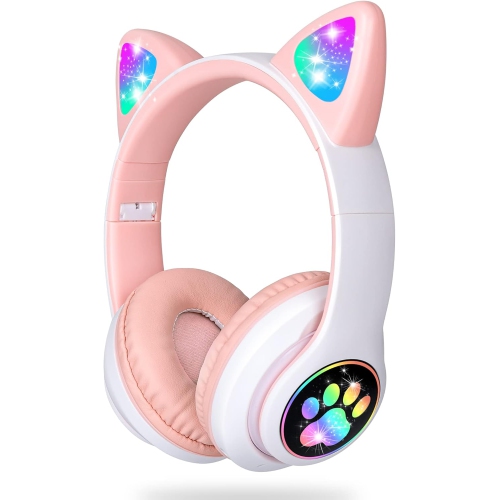 Kids Headphones, Cat Ear LED Light Up Foldable Bluetooth Headphone for Kids,2 in 1 Wired/Wireless Mode HD Stereo