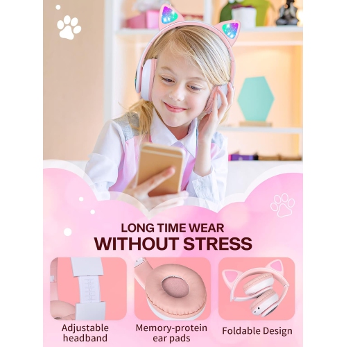 Kids Headphones, Cat Ear LED Light Up Foldable Bluetooth Headphone for Kids,2 in 1 Wired/Wireless Mode HD Stereo
