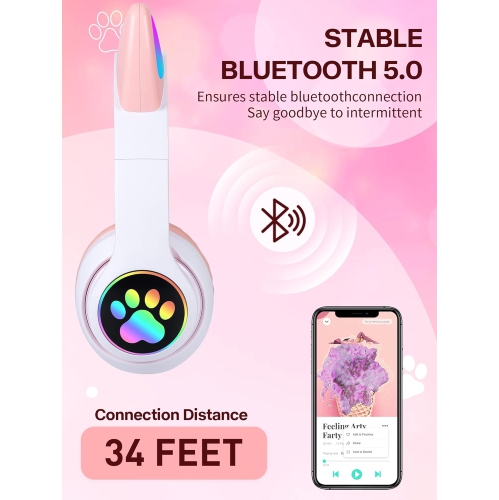 Kids Headphones, Cat Ear LED Light Up Foldable Bluetooth Headphone for Kids,2 in 1 Wired/Wireless Mode HD Stereo