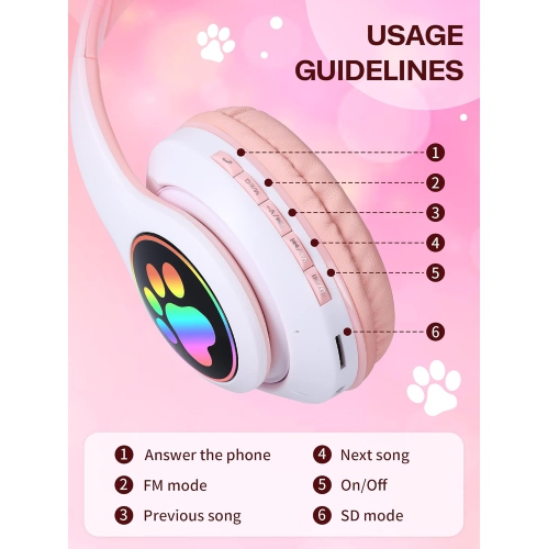 Kids Headphones, Cat Ear LED Light Up Foldable Bluetooth Headphone for Kids,2 in 1 Wired/Wireless Mode HD Stereo